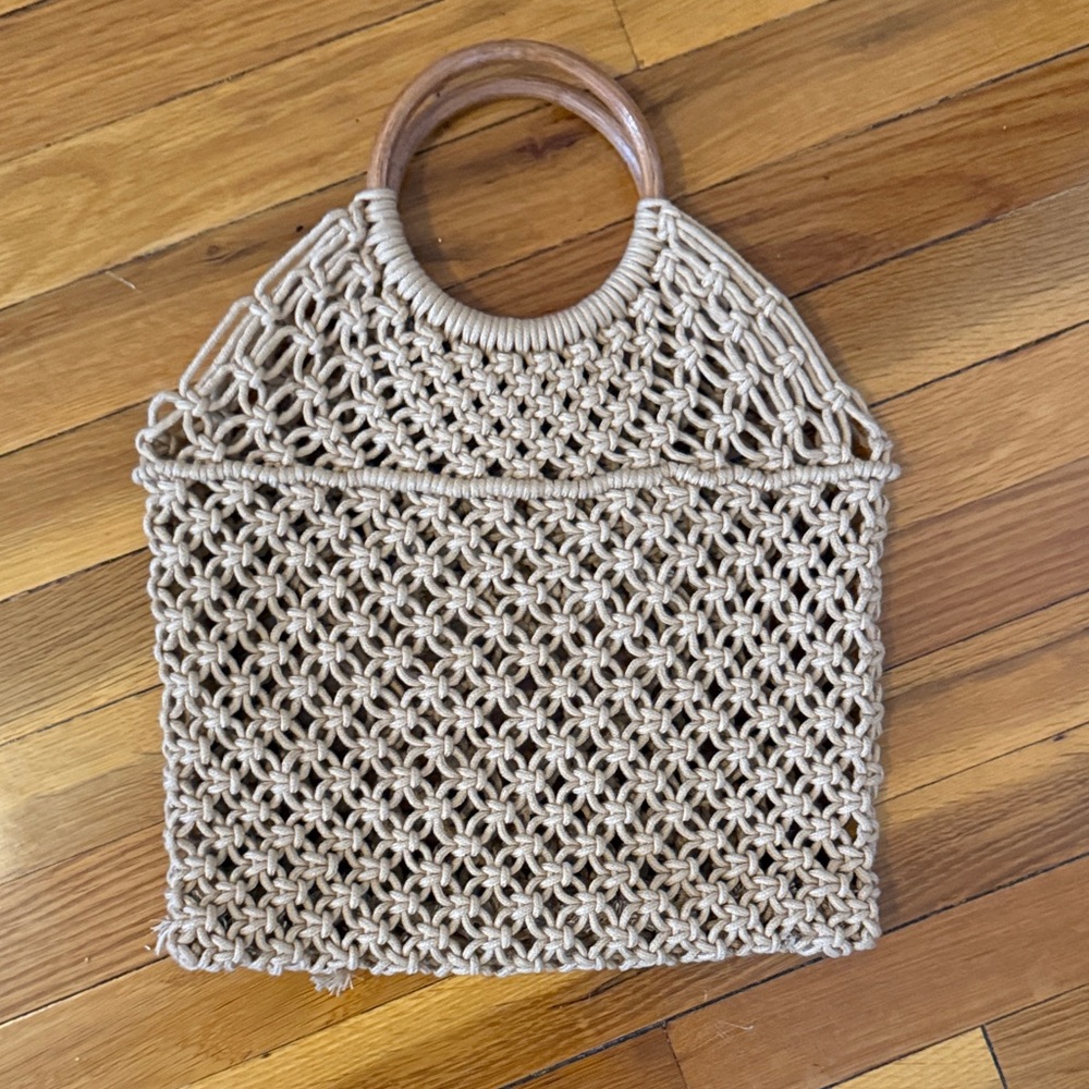 Elegant Tan Macramé Tote with Wooden Handles